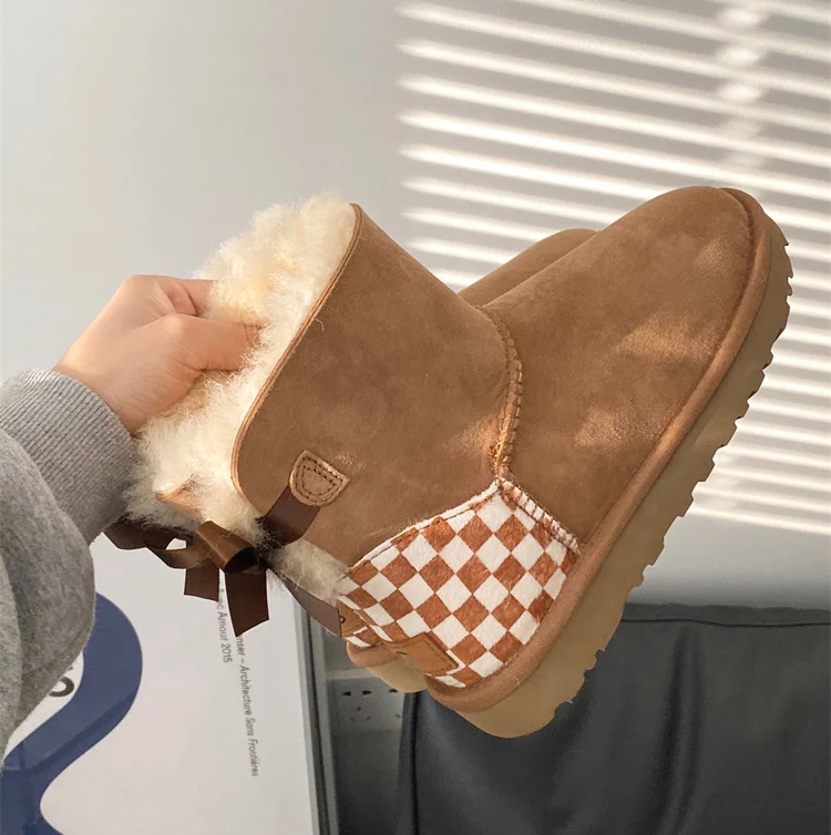 Fashion women sheepskin boots ladies wool fur boots checkerboard pattern bowknot fur thicken mini snow boots