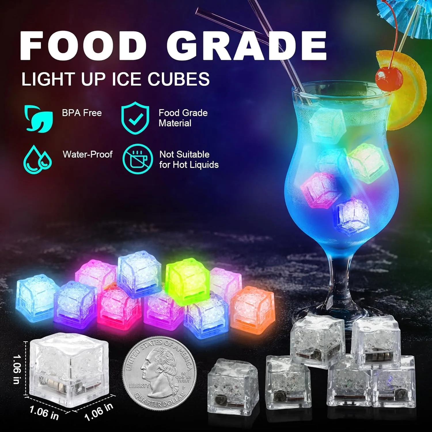 Light Up Ice Cubes Multicolor Glow Ice Cubes for Drinks Waterproof Glowing Flashing Ice Cube for Club Bar Party Bath Time Decor