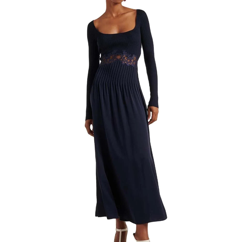 Knitwear Manufacturer Custom Spring Summer Autumn Winter Elegant V Neck Long Sleeve Satin Lace Prior Silk Maxi Dress