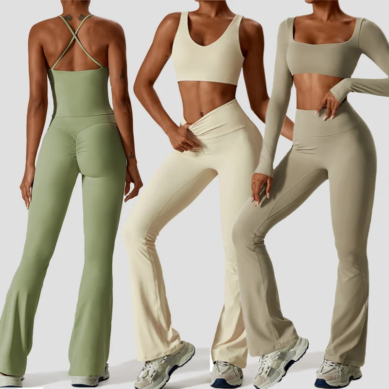 SHINBENE Long Sleeve Crop Top Sets Women 3 Piece Spaghetti Straps Bra Gym Leggings Tracksuits