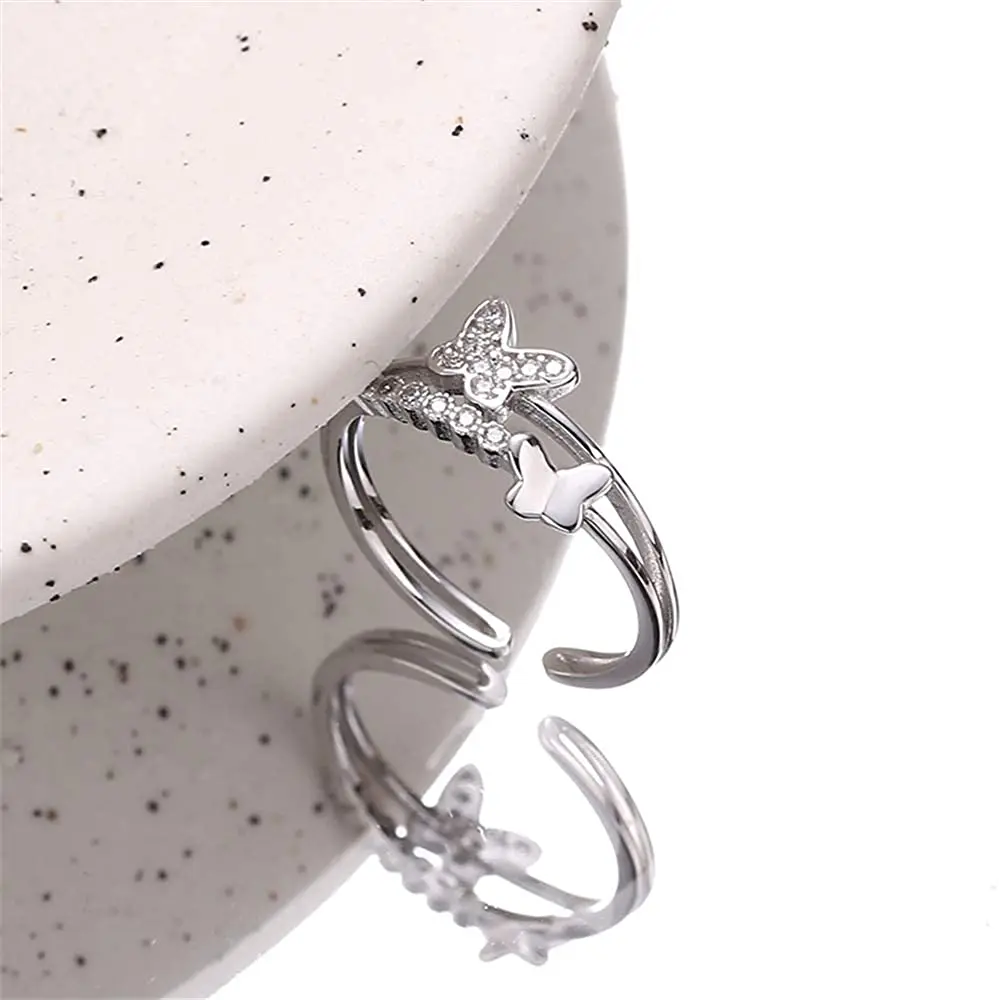 
women finger ring jewelry custom 925 Sterling silver crystal adjustable butterfly rhinestone silver ring 