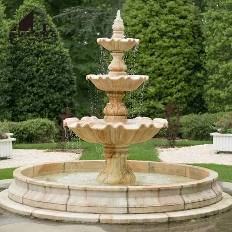 QUYANG Hand Carved Large Outdoor Garden Beige Granite Stone Pool 3 Tier Fountains Marble Water Fountain