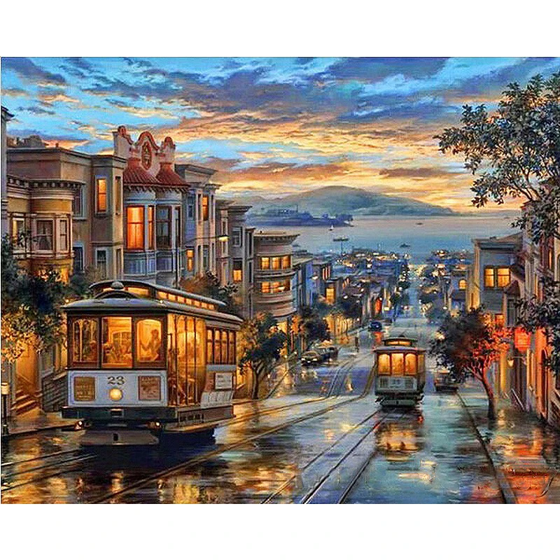 Factory Direct Digital Painting Art City Sunset Oil Painting Paint By Numbers On Canvas With Frame Wholesale