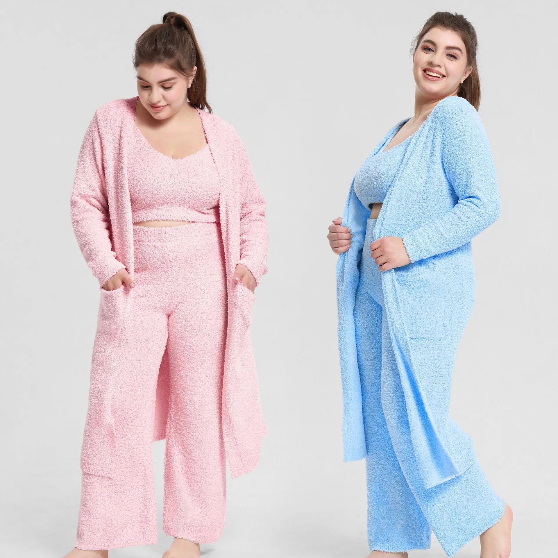 Pajamas for Women Set Three Pieces Fall Nightgown Plus Size Winter Pajamas Thick Vest Pants Long Robes Ladies Loungewear Set