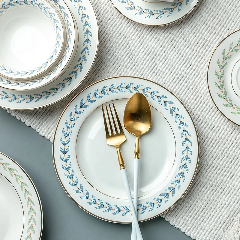 
Jade-cer ceramic porcelain dinner sets Nordic style restaurant dinnerwares plate/bowl/coffee cup saucer with gold rim 
