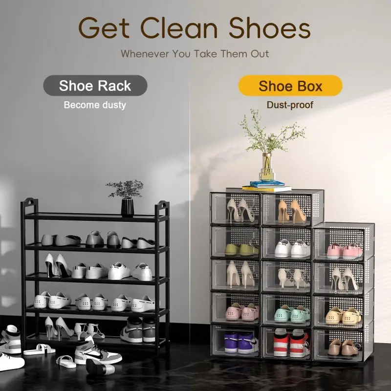Space Saving Shoe Rack Holder Clear Plastic Stackable Sneaker Containers Large Shoe Storage Boxes Organizers for Closet