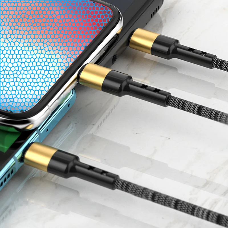 3 in 1 usb to type-c micro-usb 1.2m charger cable 66W fast charging braided gold-plated data cable