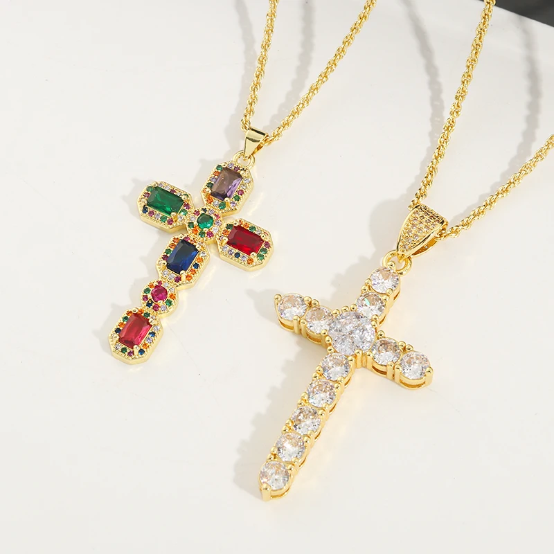 XL40023 New Stainless steel Chain Colorful Diamond Zircon Cross Croix Brass Copper Pendant Necklace For Women