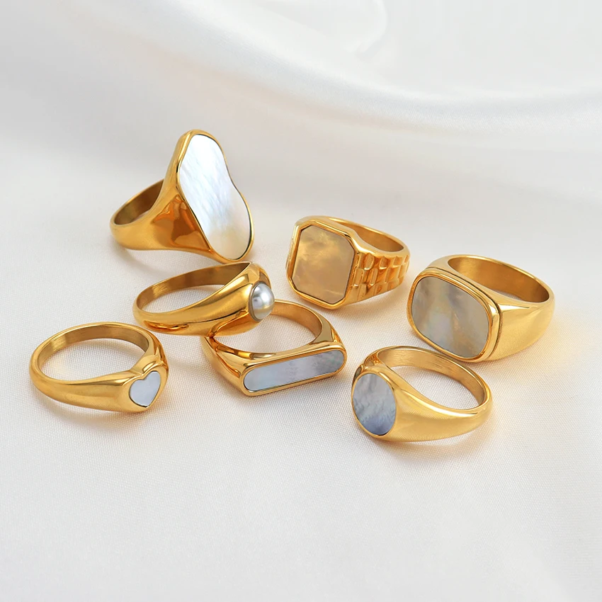Minos Fashion Mother of Pearl Dome Ring Sets Jewelry Gold Stainless Steel Heart Round Square Multi Style White Shell Ring