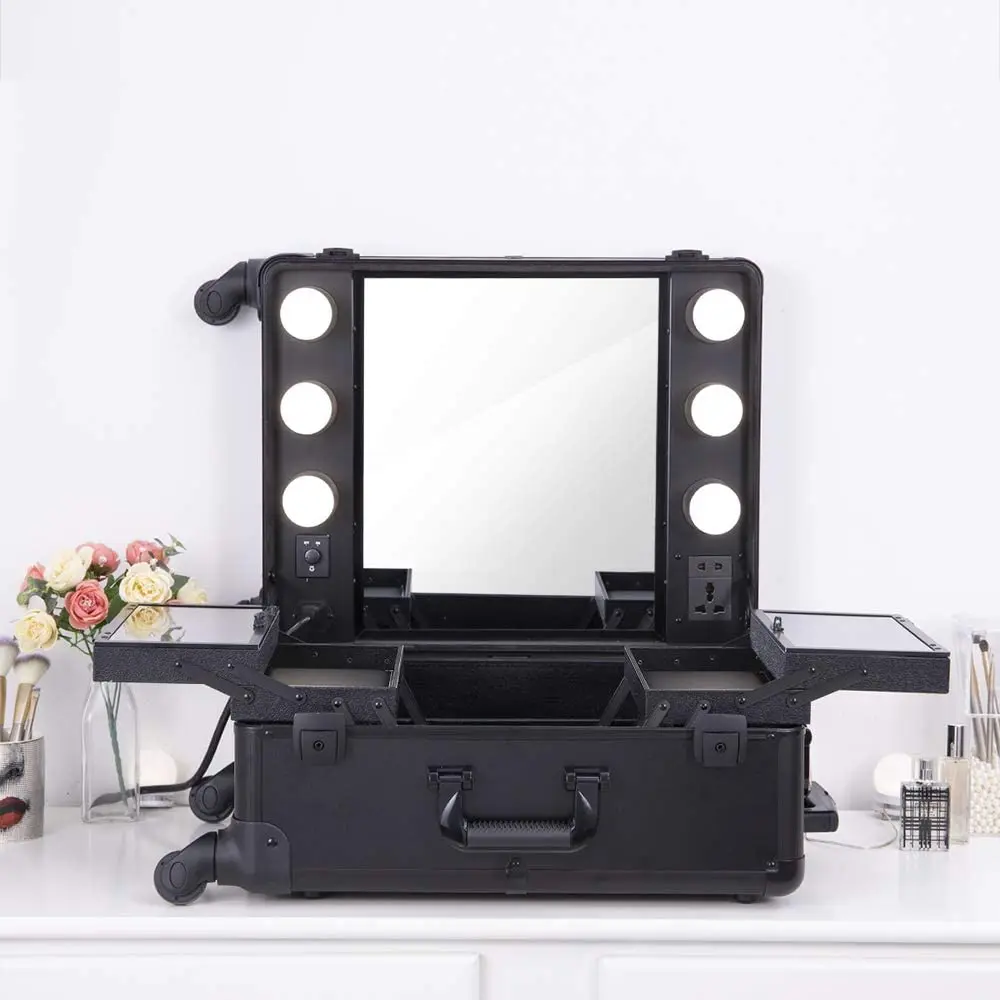 Black Studio Artist Train Rolling Makeup Case with Lights