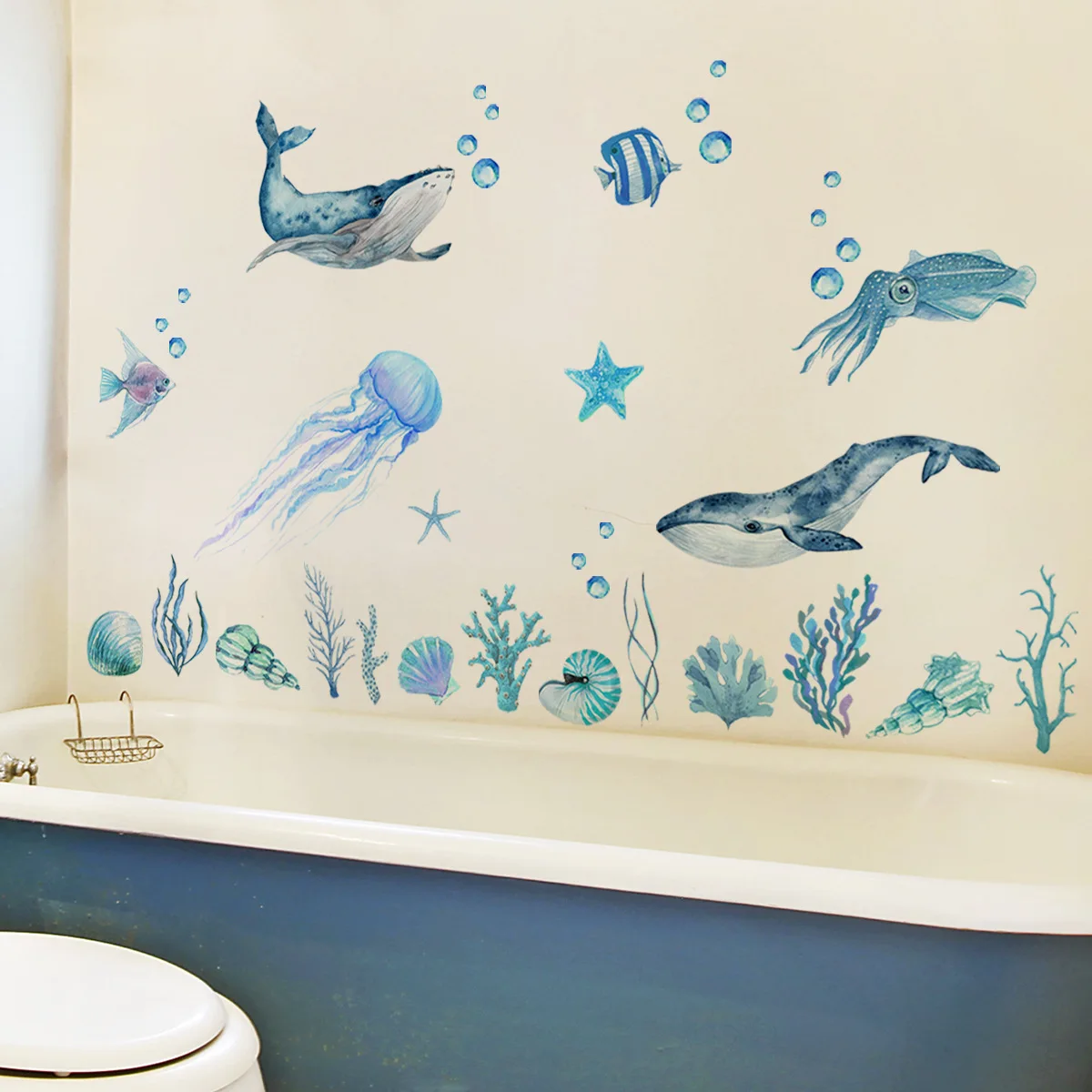 30*50cm Cartoon Underwater World Bubble Fish Sea Grass Wallpaper Bathtub Stickers Bathroom Background Decoration Wall Decals