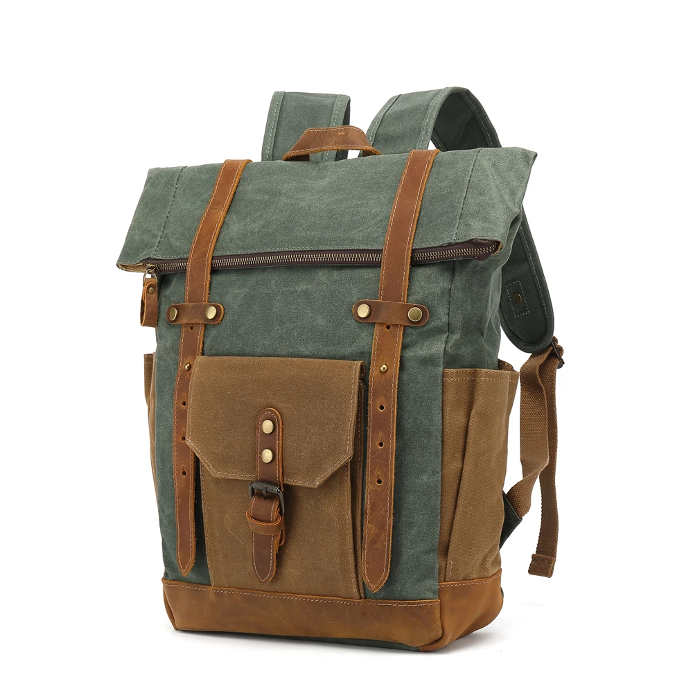 Custom recycled Rpet polyester roll top Travel Casual Rucksack backpack waterproof waxed canvas with cowhide leather backpack