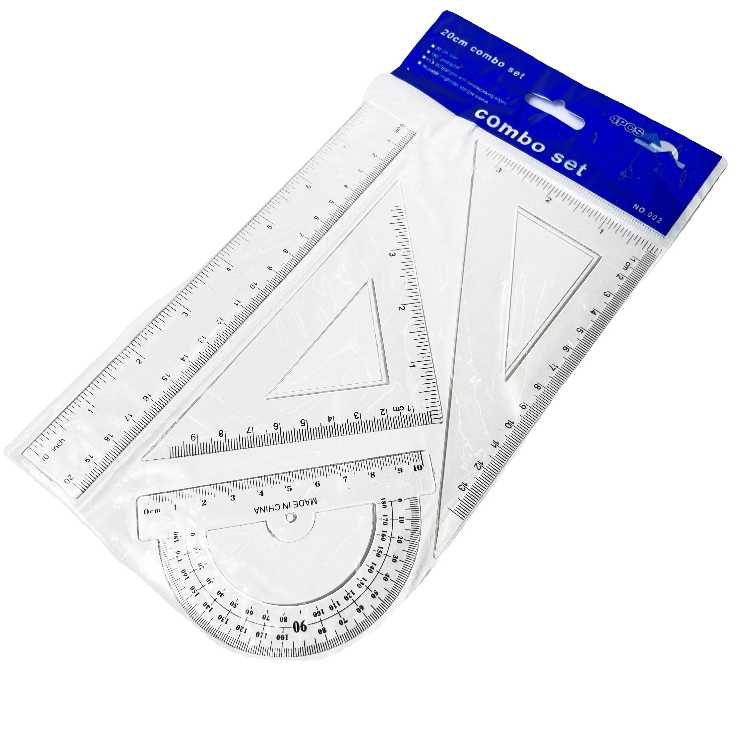 20cm  Math Geometry 4pcs Sets Plastic Drawing Measuring Straight Ruler Protractor Triangle Study Stationery Set Product
