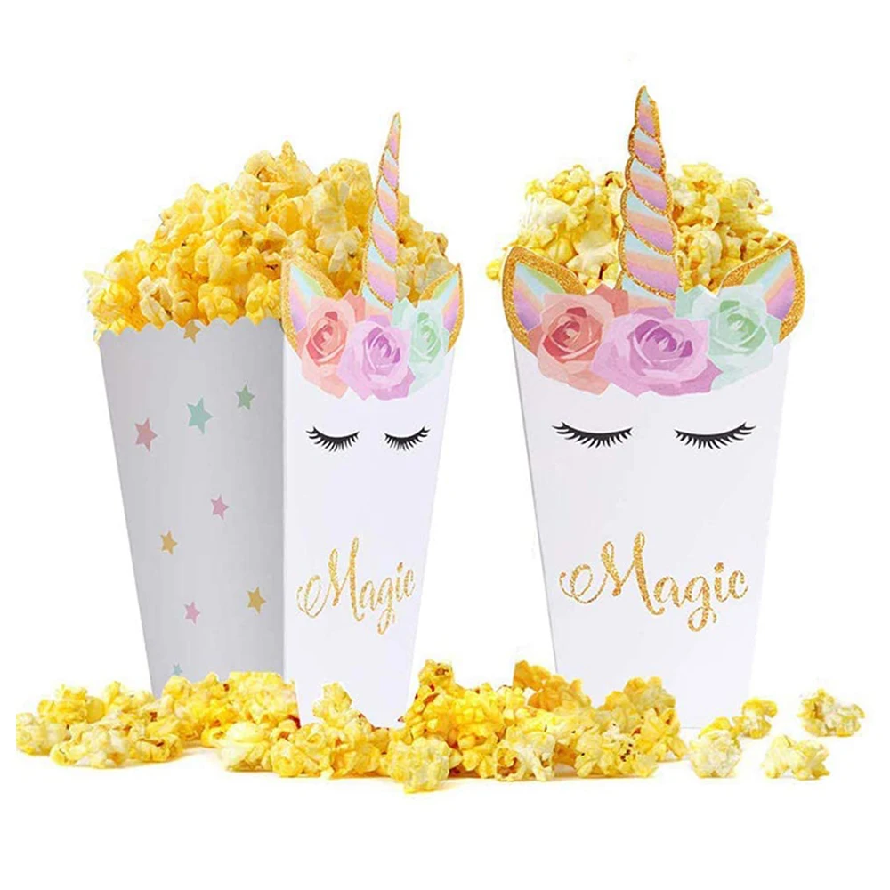 12 Pcs/Pack Cartoon Cartoons Unicorn Popcorn Paper Food Packaging Box Boxes for Happy Birthday Party Decor