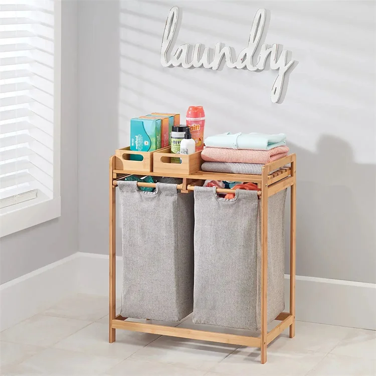 laundry basket 2 compartments Storage Laundry Hamper Bamboo dirty clothes basket