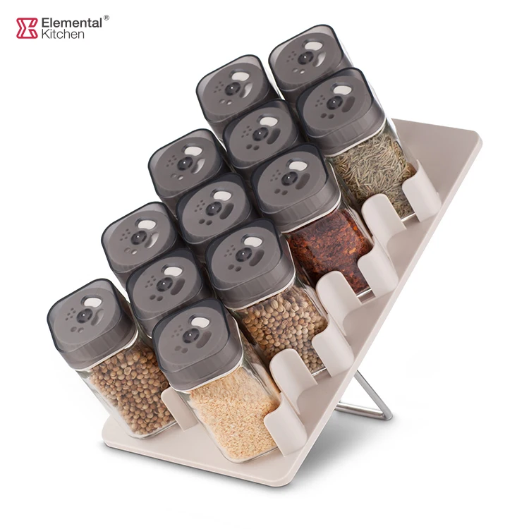 Hot sale square 12 Jars Spice Rack Set glass jar for kitchen seasoning glass bottle 100ml with grey plastic lid