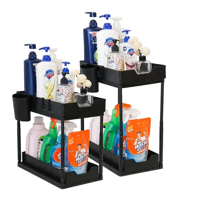 2023 Under Sink Organizer Adjustable Height 2 Tier Sliding Under Cabinet Organizer With Hooks Hanging Cup Multi-purpose Storage