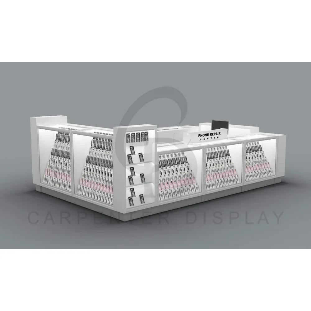 Custom cheap price golden aluminum Phone Kiosk interior Design Indoor showroom frame black panel glass tower display case