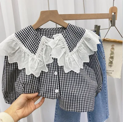 
2021 hot spring new long-sleeved shirt lapel lace plaid shirt girl 