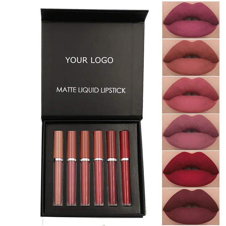 Trendy  Custom 6 Colors Matte Lip Gloss Glaze Set Non Stick Waterproof Vegan long Lasting Matt Liquid lipstick Makeup Kit Box
