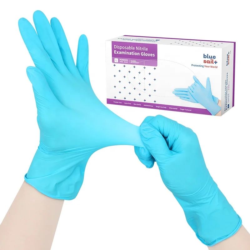 Lake Blue Nitrile Gloves Non-slip Textured Fingertips Disposable Medical Powder Free Nitrile Examination Gloves for Hospital