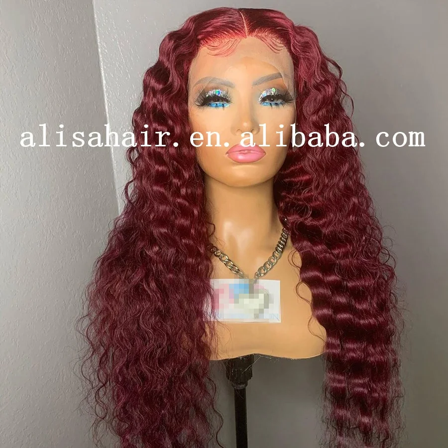 
Mink Brazilian Hair Vendor Alisa Gluless Deep Wave Lace Frontal Wig 99J Burgundy Wig with Baby Hair 