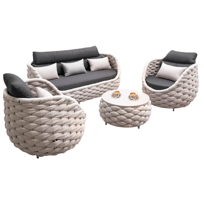 Outdoor furniture rope fabric full set canopy guangdong wicker memory foam cushion set garden four chair set outdoor furniture