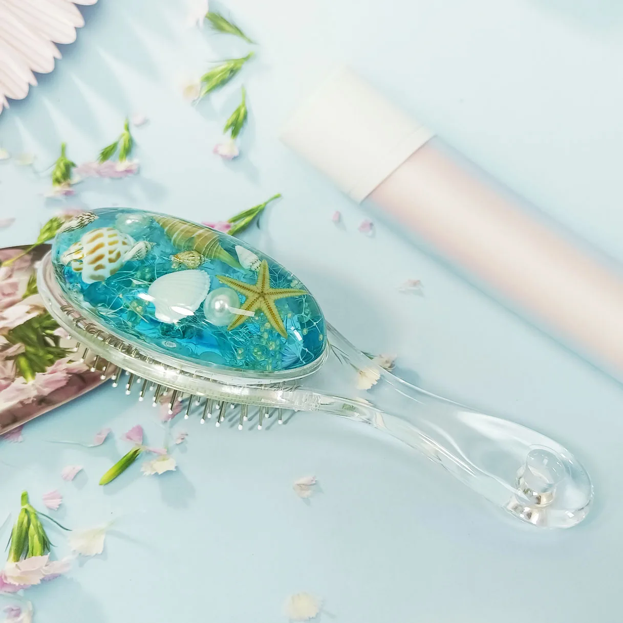 Акриловый держатель для щетки для волос, овальная форма, синие гелевые ракушки, массажер для океана, расслабление рук, удобное путешествие, украшение для дома