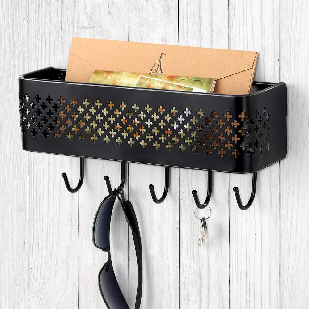 
Wall Mount Mail Letter and Key Rack Holder Organizer, Metal Decorative Entrance Basket Storage with 5 Hooks and Mail Letter Sort 