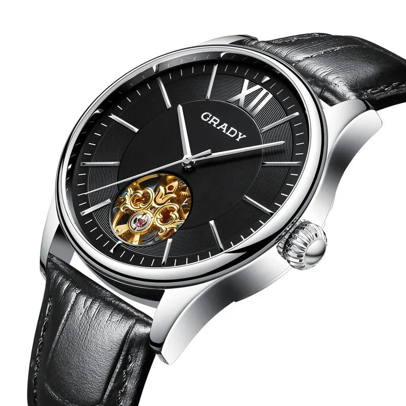 Hot sell Fashion tourbillion watches Black genuine leather male clock automatic mechanical  watch for men