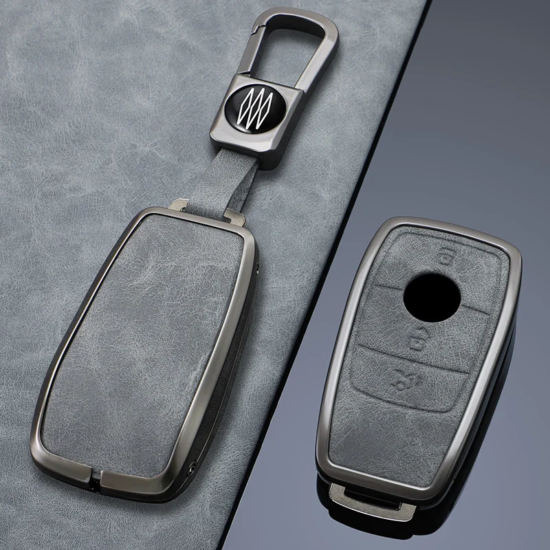 Zinc Alloy 3D Leather Smart Car Key Case Cover Remote Key Shell Fob Protector Compatible with Mercedes Benz Accessories