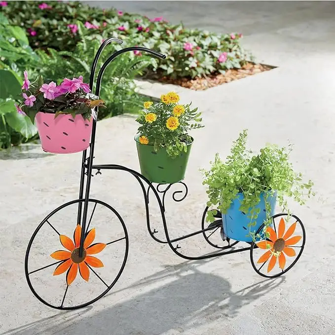 Metal Flower Pot Cart Holder  Plant Bucket Outdoor Decorative Bicycle Planter Stand