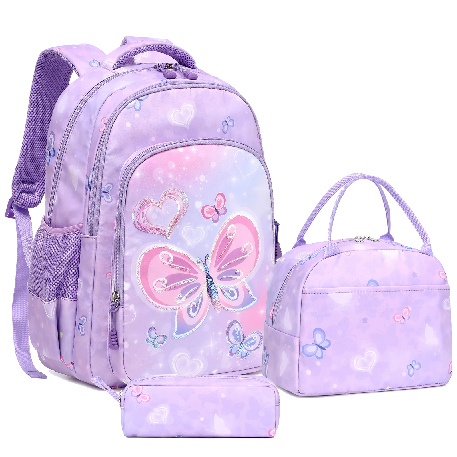 Casual 3-in-1 Purple Bead Butterfly Kids Polyester School Backpack Set Durable Waterproof Book Bag Cute Logo Teenage Boys Girls