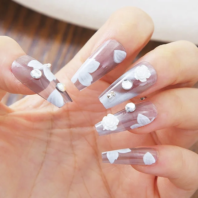 But Press On Nails Long Coffin 3D Glitter Stick On Fake Nail Nails Decorated Artificial Finger With Rhinestone