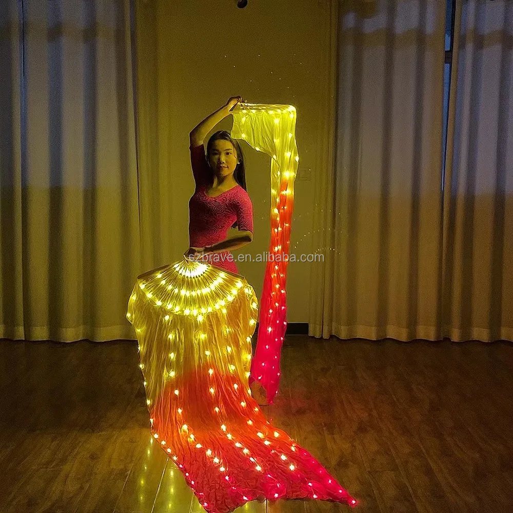 USB Glowing Performance Props Hand Made Silk Belly Dance Fan Veils 1.8M Long Bamboo Fan Women Real Silk Belly Dance Fan Veil