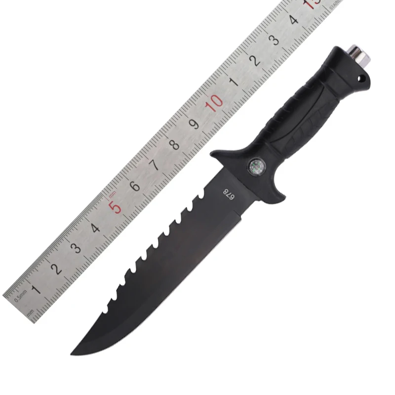 Outdoor survival black knife soft TPR handle camping tactical fighting knife fixed blade knife hunting with compass