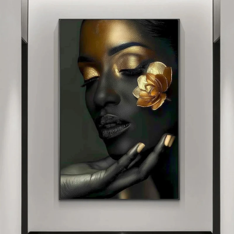 Home Decor HD Print African Black Woman Golden Flower fashions Posters Pictures Mural Painting for wall decor art