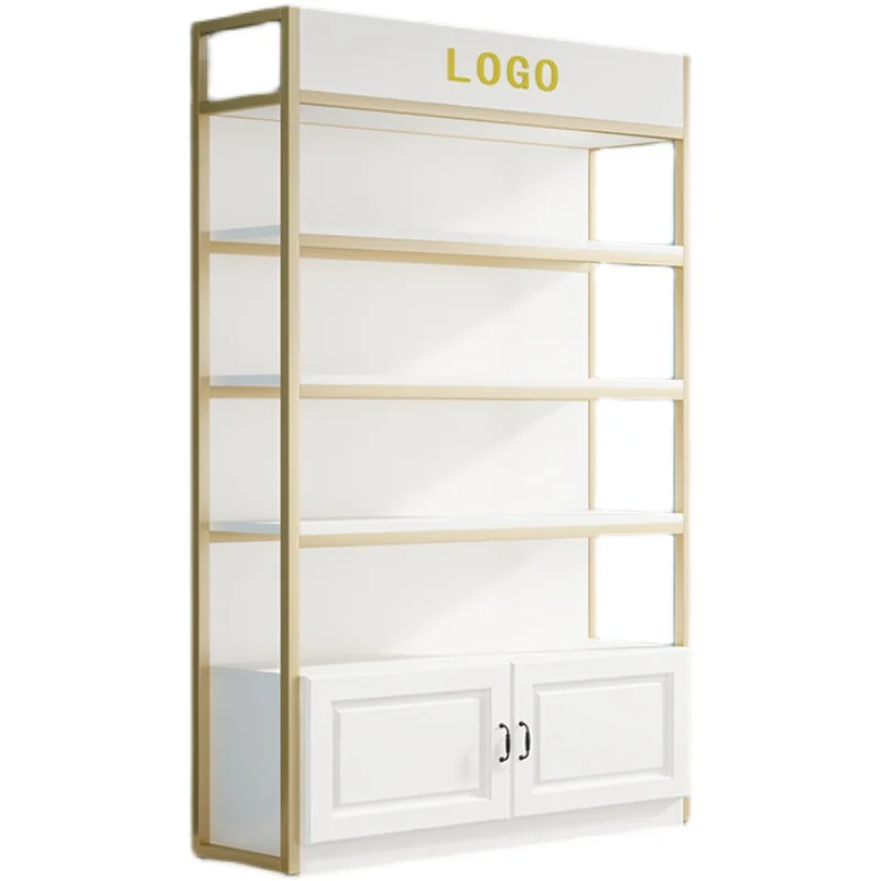 Gold And White Shelf Display Supermarket Rack Customized Showcase With Cabinet