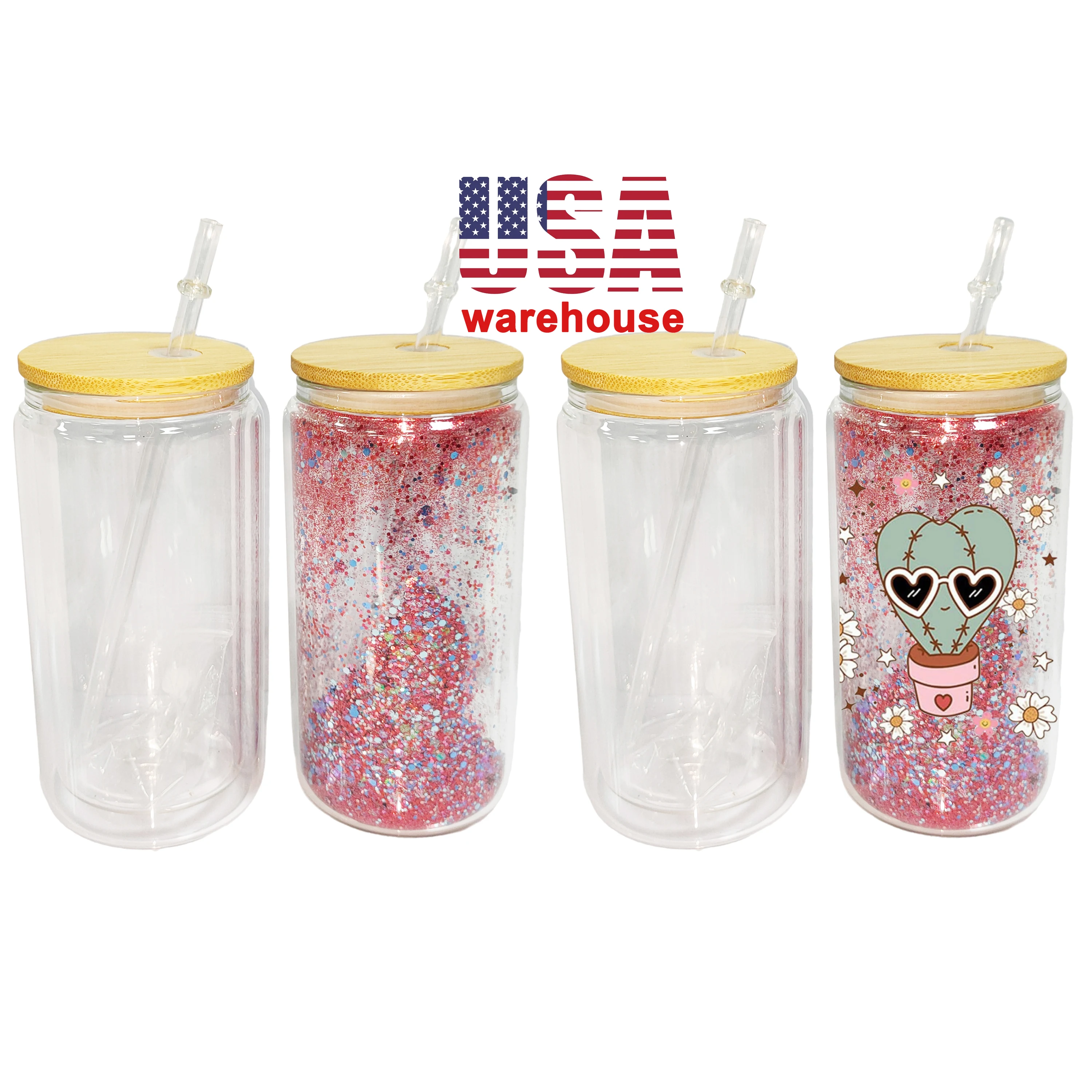 USA 12/16/20oz Double Walled Sublimation Tumblers Glass Can Shape Heat Press Clear Printed Snow Globe With Lid And Straw