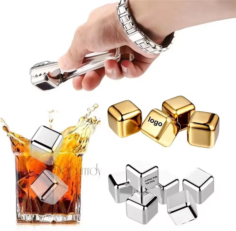Custom Logo Wine Chilling Stones Metal Ice Cubes Stainless Steel Reusable Whiskey Cubes Bar Accessories