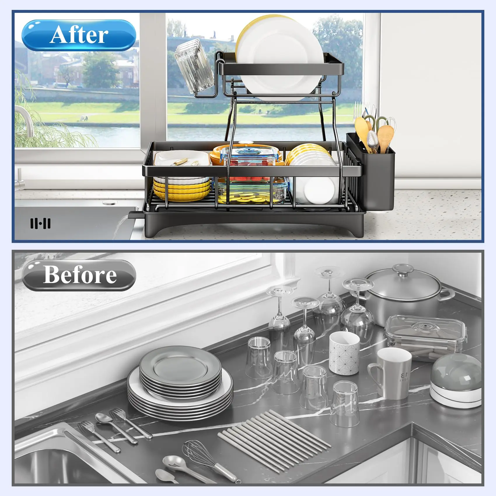 2 Tier Draining Dryer Dish Drainer Rack Dish Drying Rack For Kitchen Organization Dish Plate Storage Holder