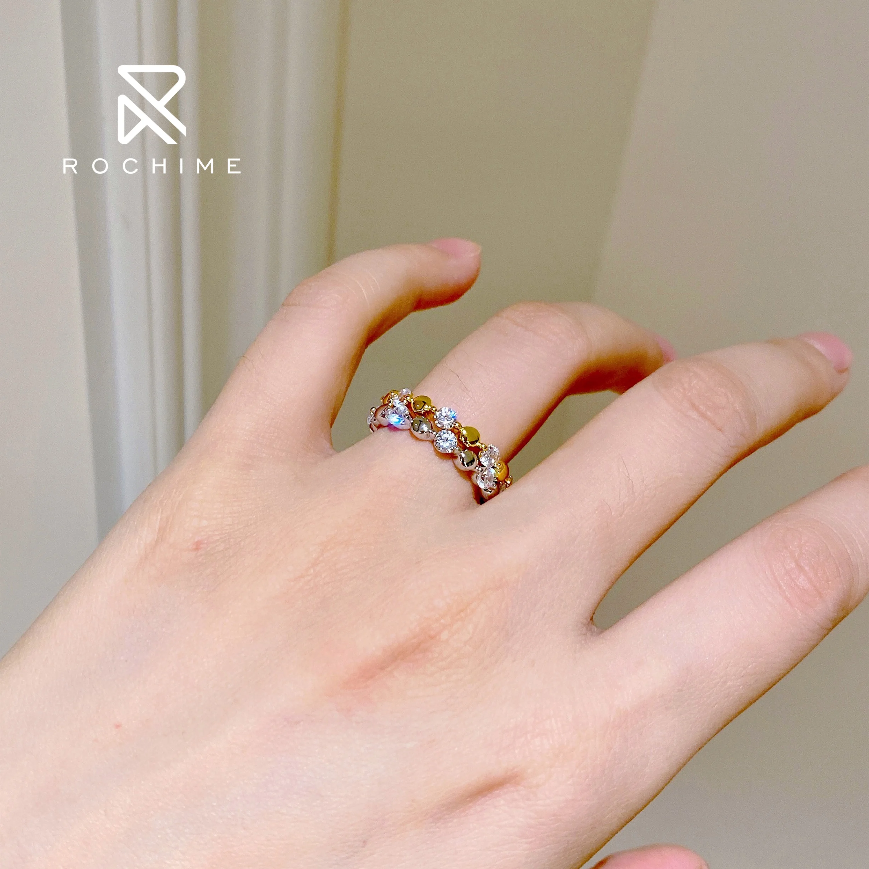 Rochime  vintage eternity band yellow gold plated S925 silver ring luxury fine jewelry for female