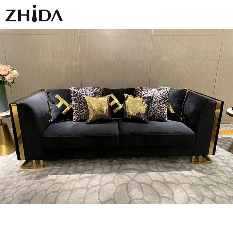 Italian sofa luxury style villa household furniture golden metal leg living room velvet sofa set