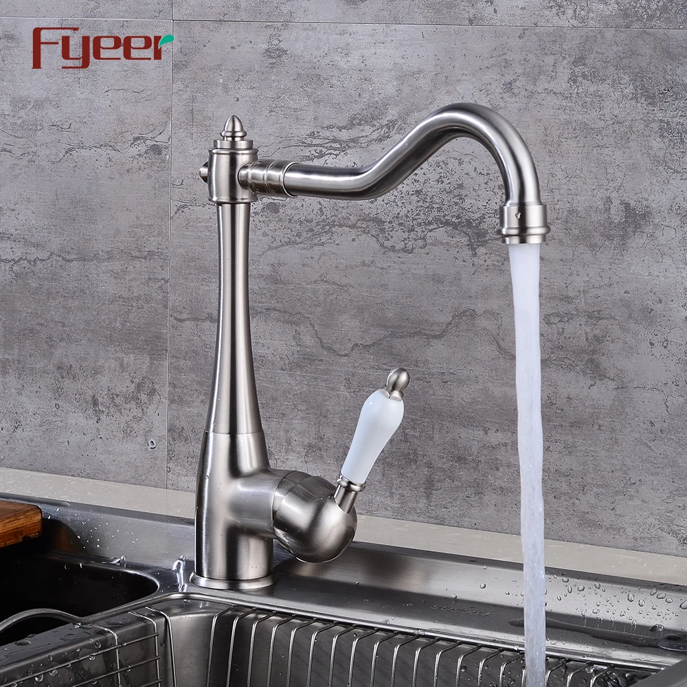 Fyeer Solid Brass Brush Finishing Kitchen Sink Mixer with Ceramic Handle