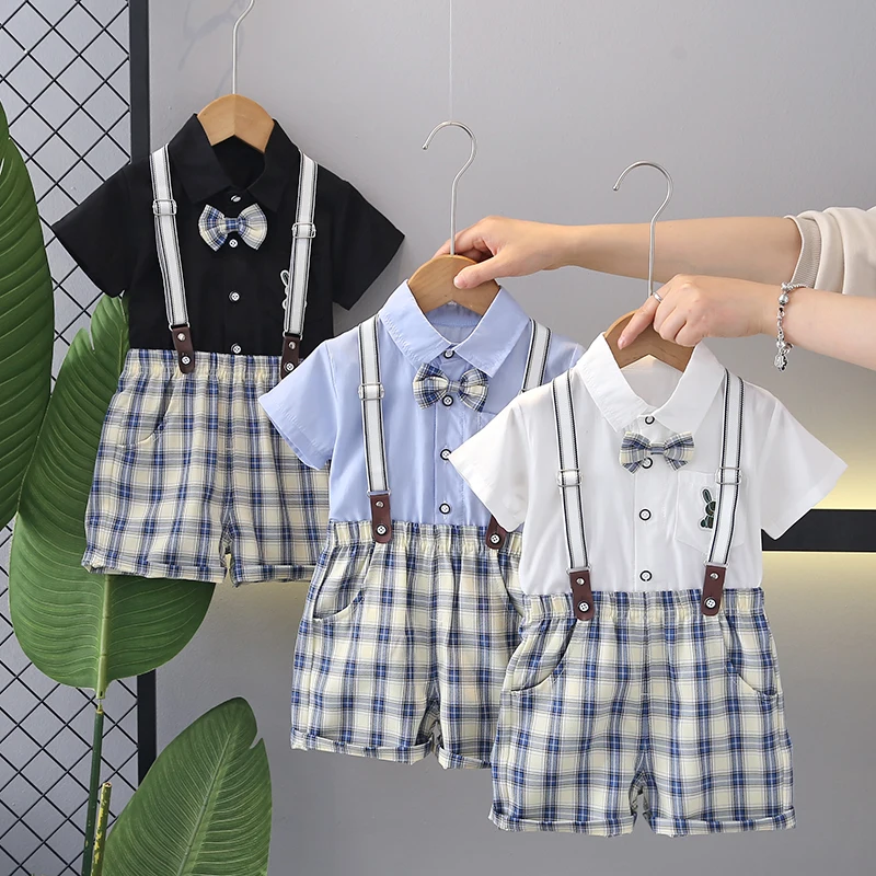 2024Summer Kids Baby Boy Formal Suit Short Sleeve with Shirt+Suspender Pants Casual Clothes Outfit Gentleman 2PCS clothes