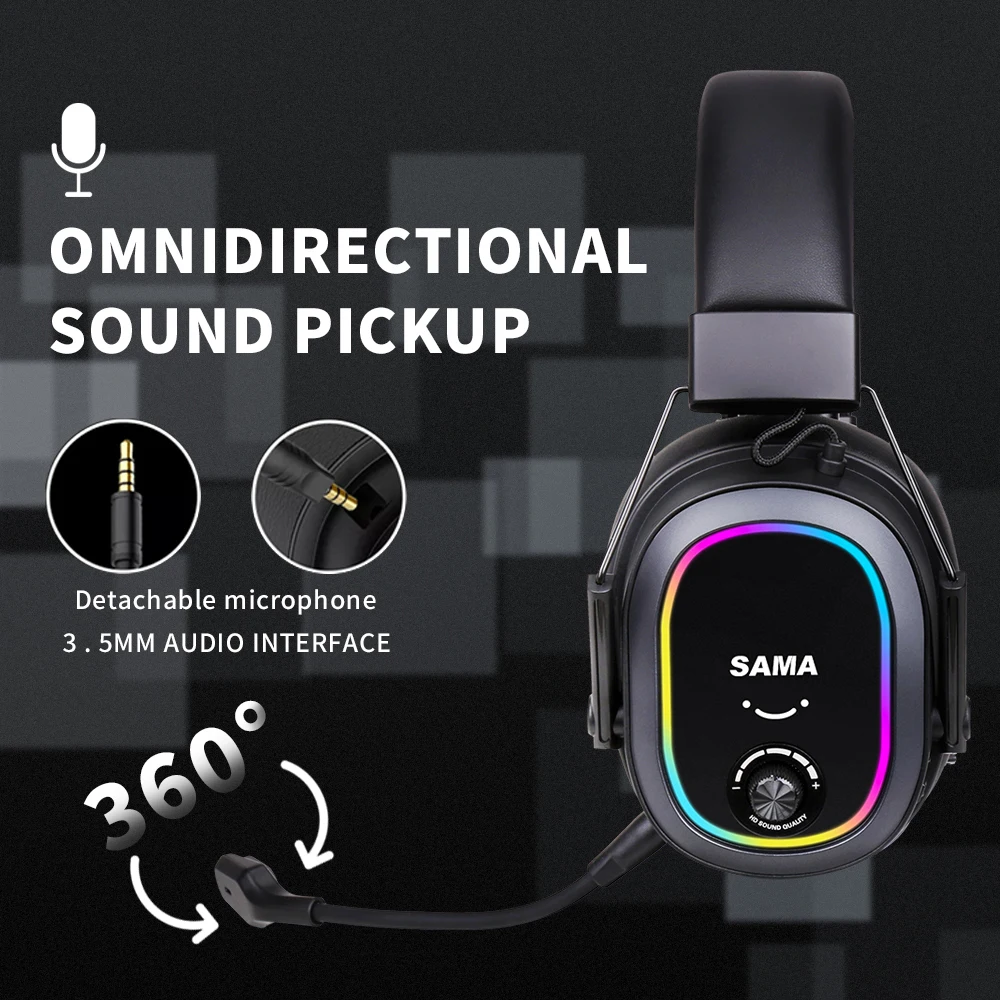SAMA High Quality 7.1 Channel Surround Sound Gaming Headset Wireless Headphones Mic RGB USB Gamer Headset Gaming Headphone