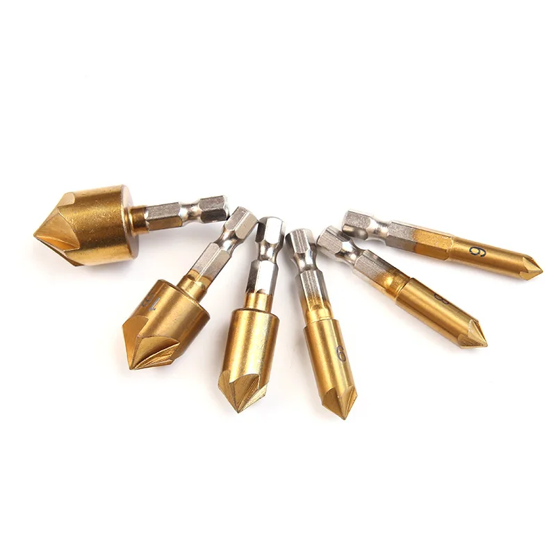 Portable 6 Pcs Hexagonal Handle Titanium Plated Five Edge Chamfering Knife Countersunk Drill 6-19mm Woodworking Spot Tool Set