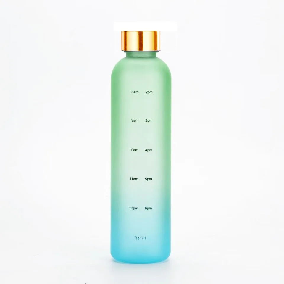 Multiple Gradient Color Motivational Time Marker Leak-Proof Tritan Sport Plastic Water Bottle BPA Free Frosted 1 L 32 Oz Bottle