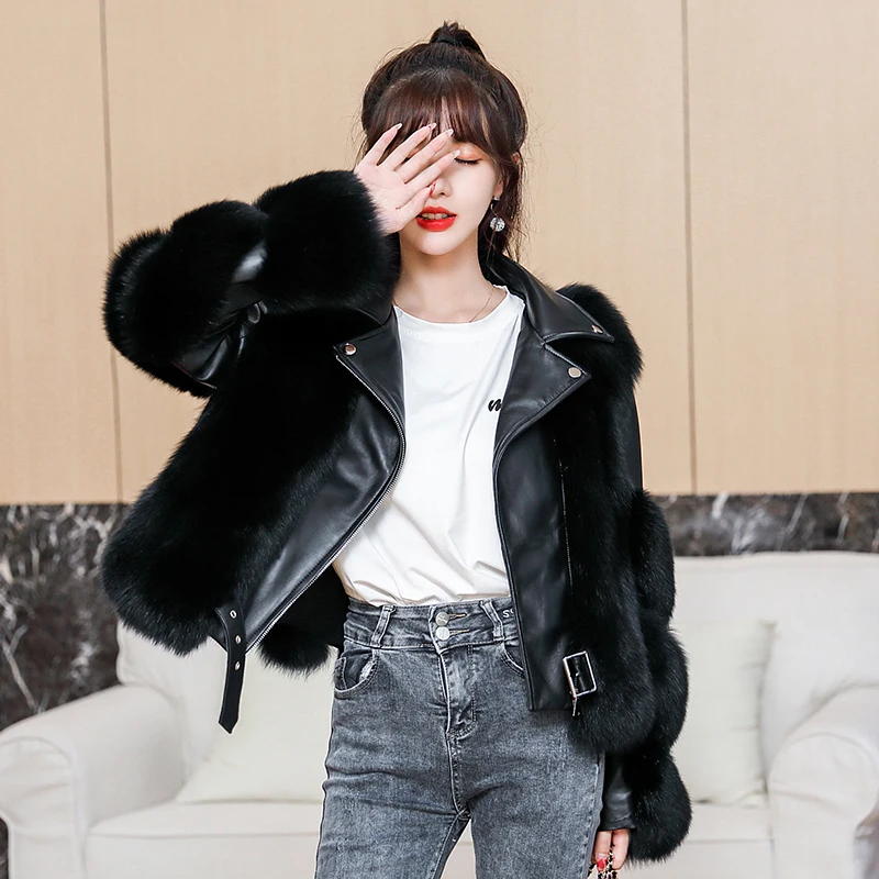 CUSTOM 2024 New design Women Winter artificial faux fur crop pu jacket fashion motorcycle faux fur coats for ladies