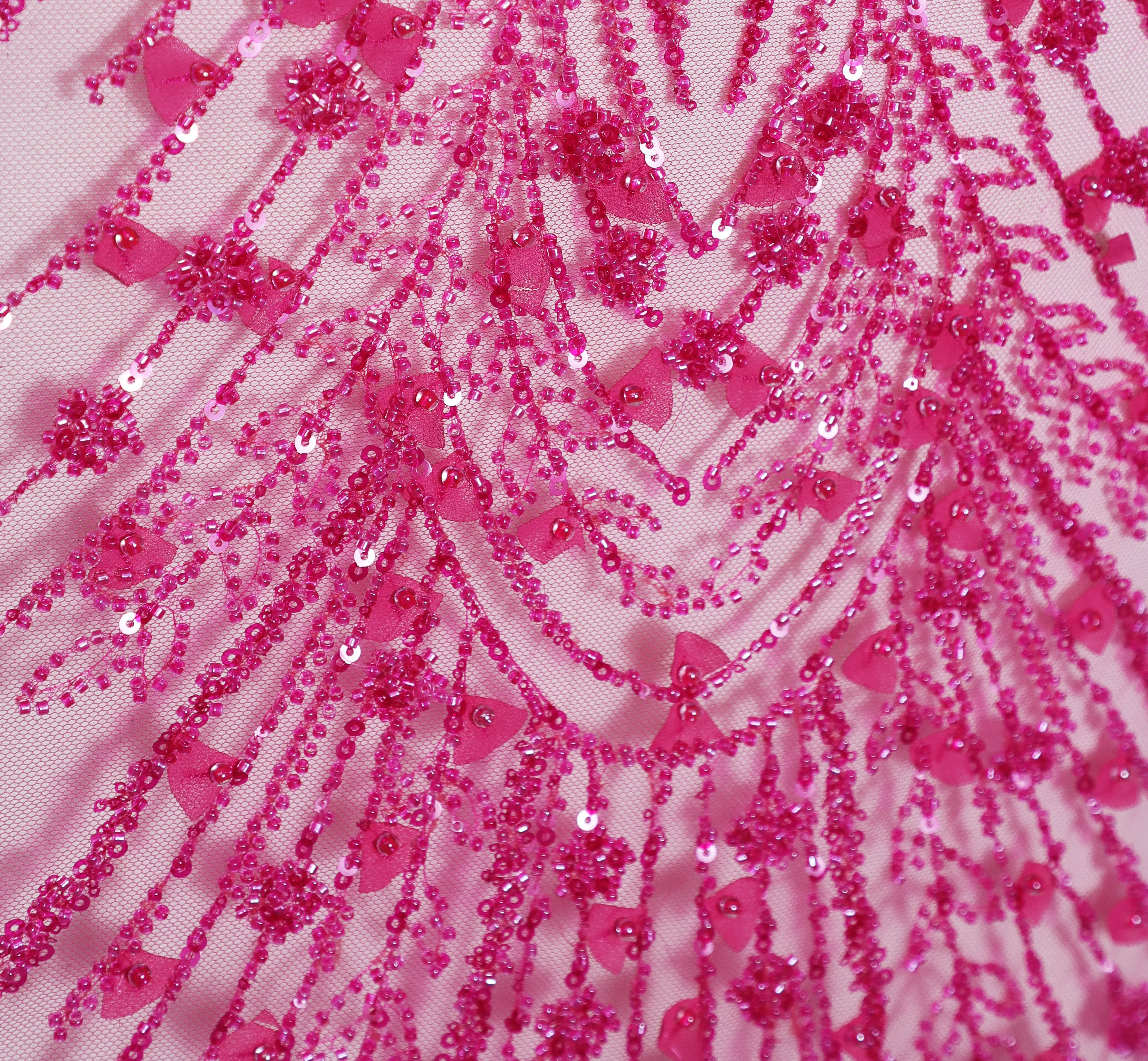 ZX221-1  Fuchsia Purple Laser cut beaded luxury fabric, tulle beading lace fabric with chiffon